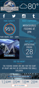 Screencap from JurassicWorld.com, showing park capacity, attractions times etc.